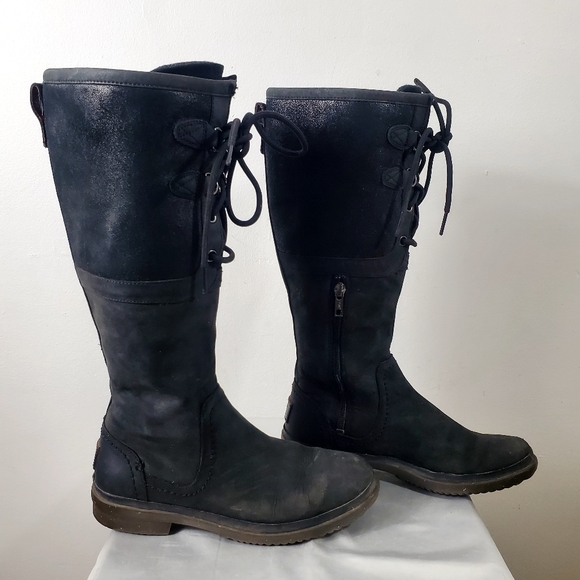 UGG Black Elsa Waterproof Leather Lace Up Plush Lined 1008438 Boots Size 7 - Picture 5 of 16